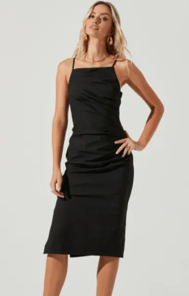 ASTR Armona Square Neck Ruched Midi Dress in Black