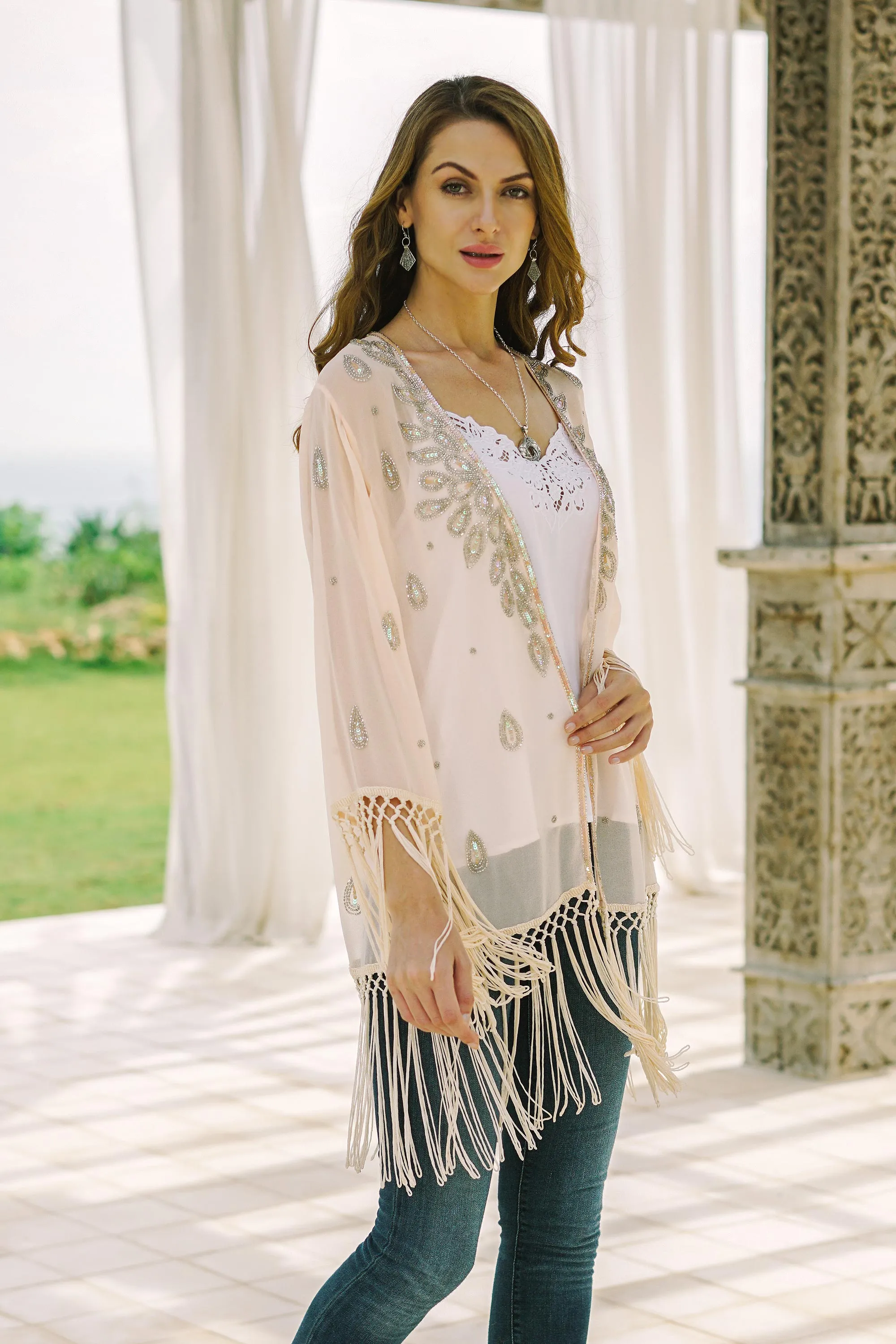 Beaded and Sequined Crepe Jacket from India - Out on the Town | NOVICA