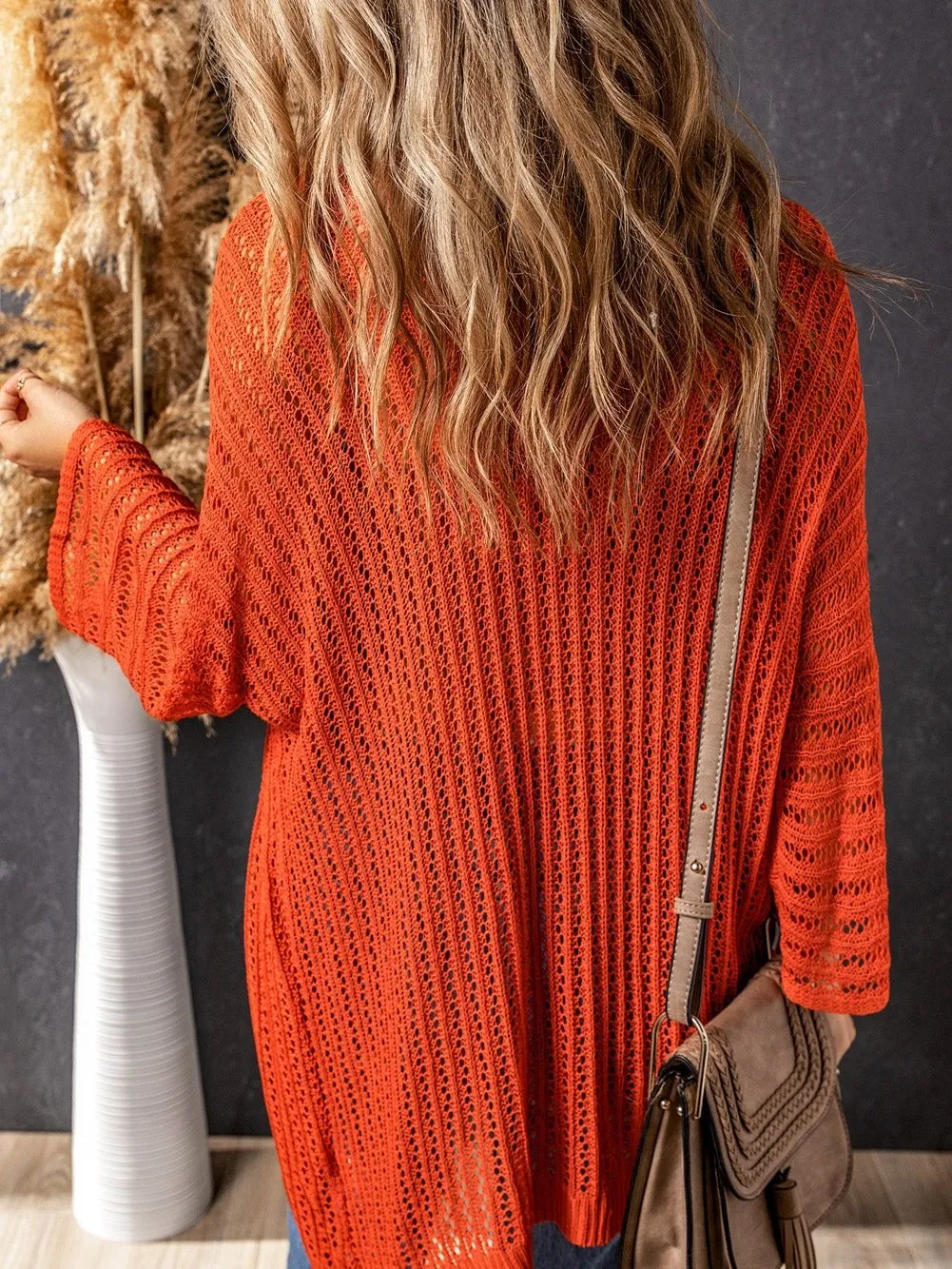 Boho Chic Hollow Knit Orange Kimono Cardigan