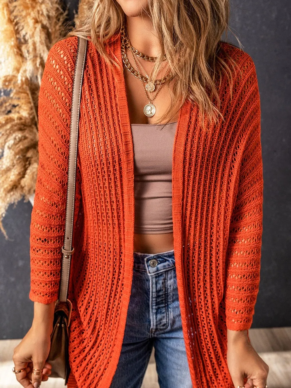 Boho Chic Hollow Knit Orange Kimono Cardigan