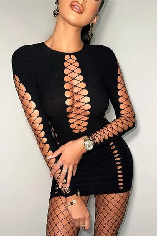 BZ369 Crochet Mesh Mini Dress