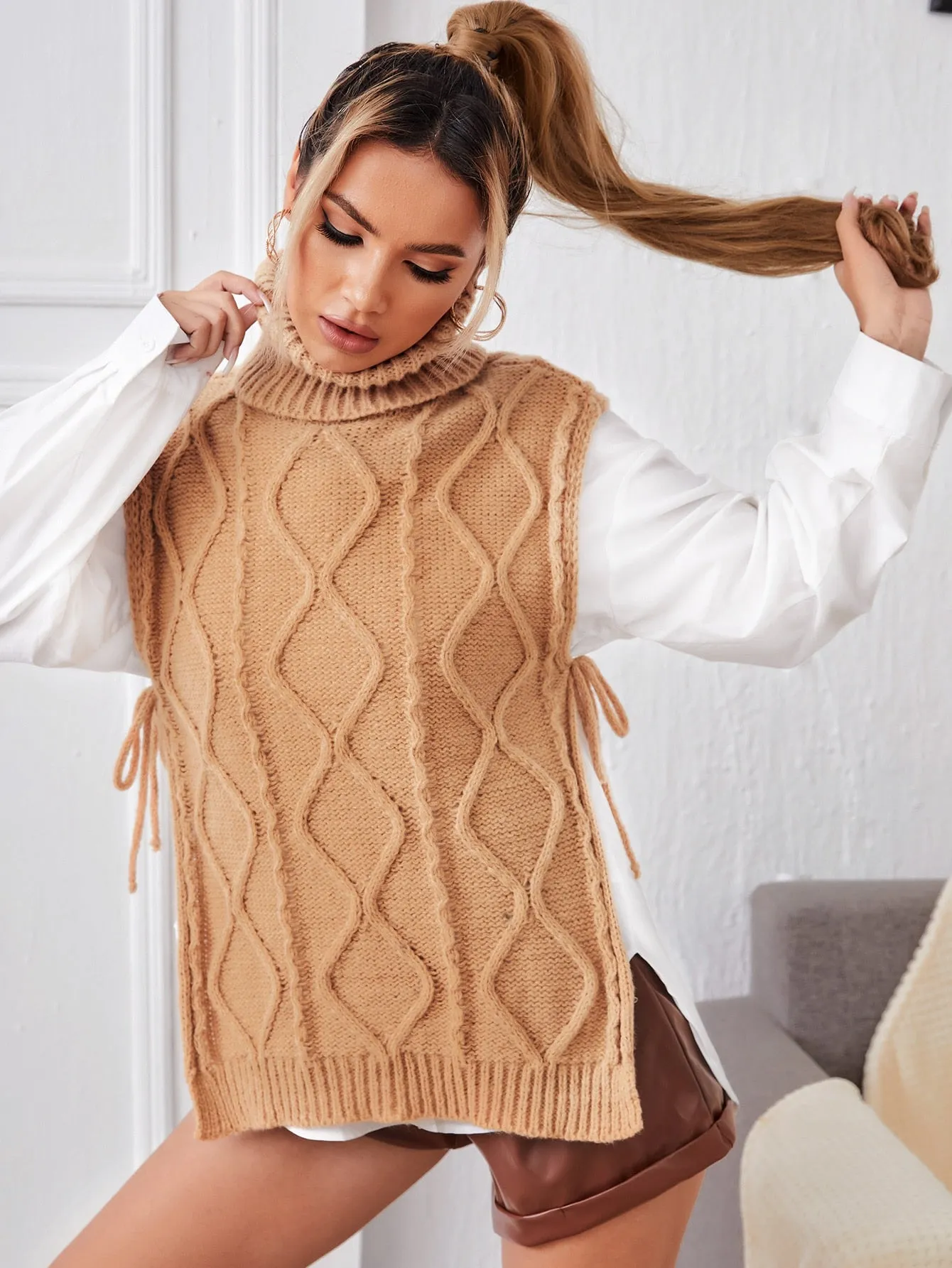 Casual Plain Knot Long Sleeve High Neck Regular Women Knit Top