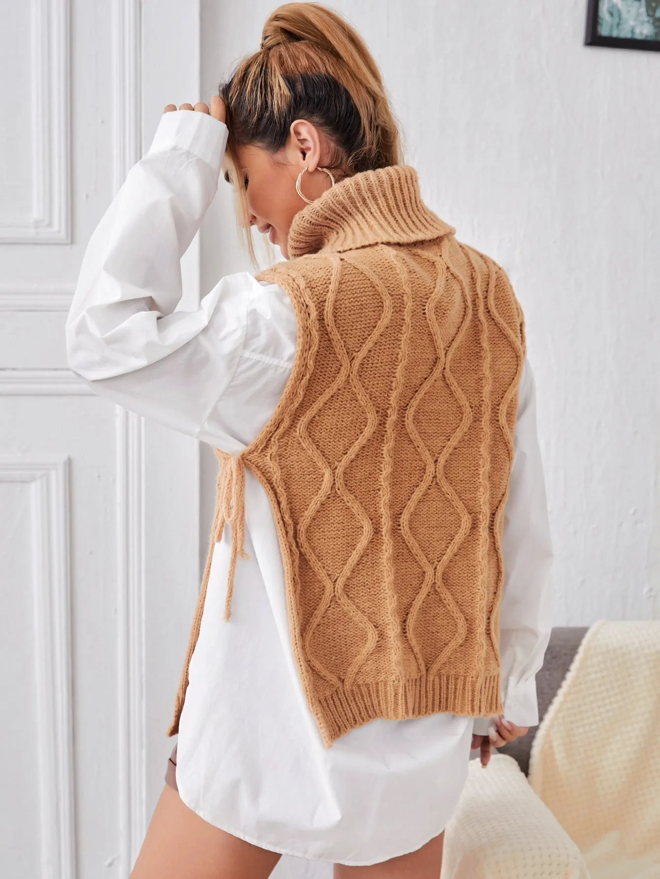 Casual Plain Knot Long Sleeve High Neck Regular Women Knit Top