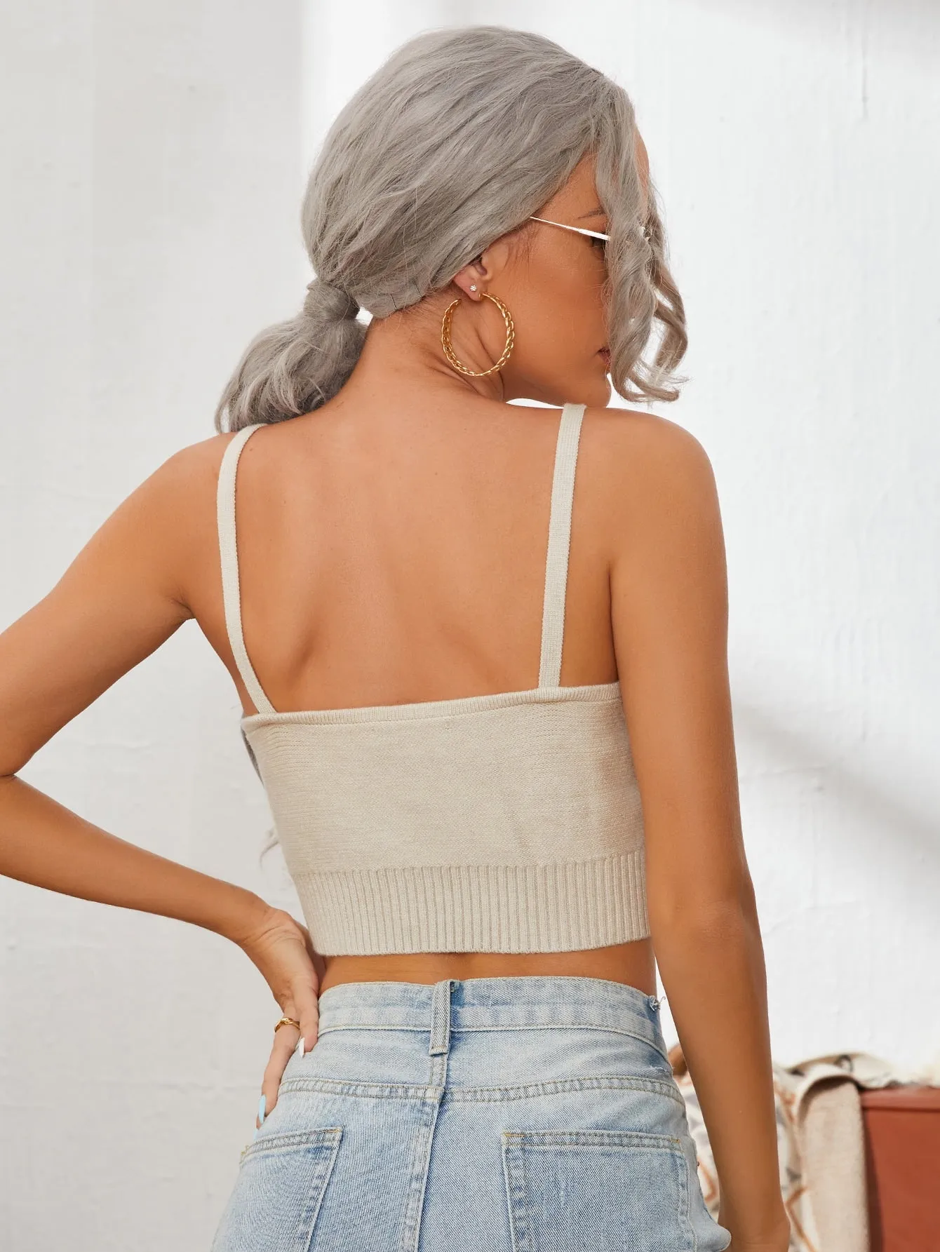 Casual Plain Sleeveless Spaghetti Strap Crop Women Knit Top