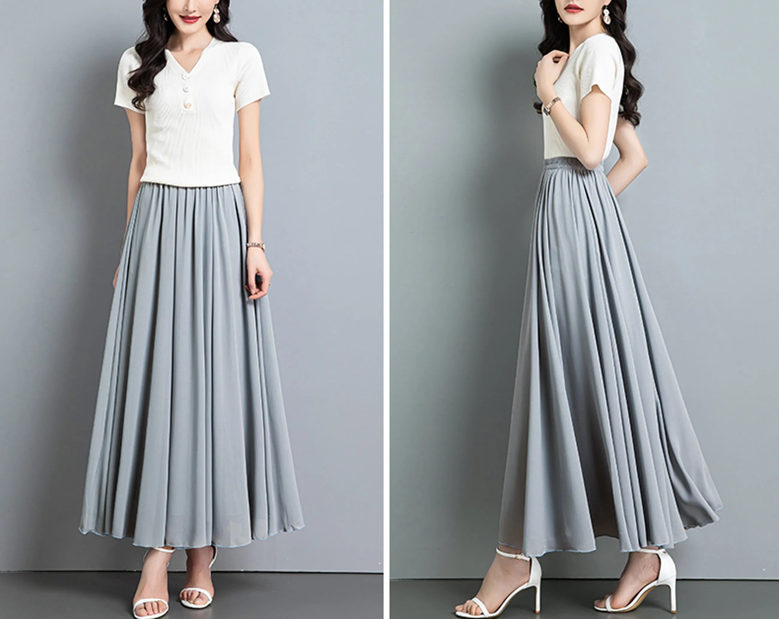 Chiffon Skirt/Maxi Skirt/Long Skirt/A-Line Skirt/Flare Skirt/Dark Blue Skirt/Elastic Waist Skirt L0035