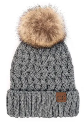 Chilly Crossover Stitch Beanie With Pom - Light Melange Gray