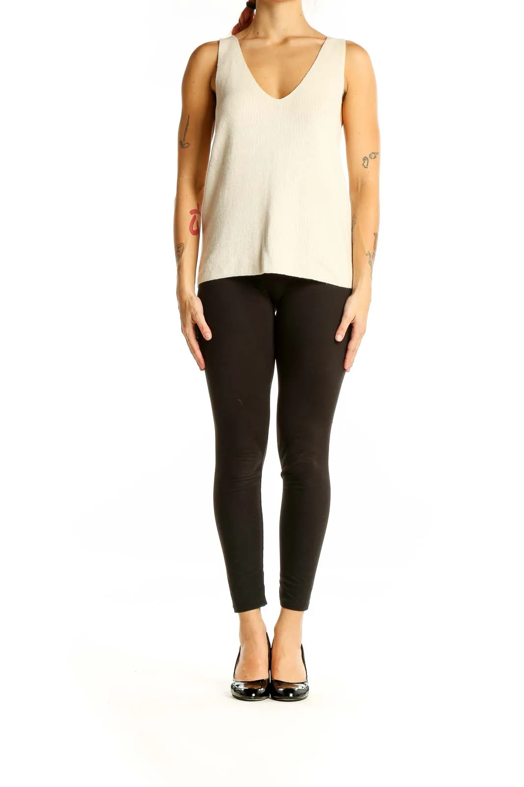 Cream V-Neck Sleeveless Knit Top