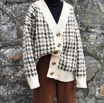 FashionSierra - Casual Knitted Cardigan Oversize Button Front Contrast Stripe Cardigan