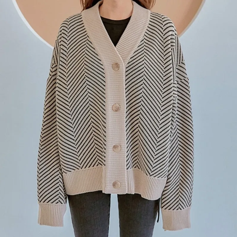 FashionSierra - Casual Knitted Cardigan Oversize Button Front Contrast Stripe Cardigan