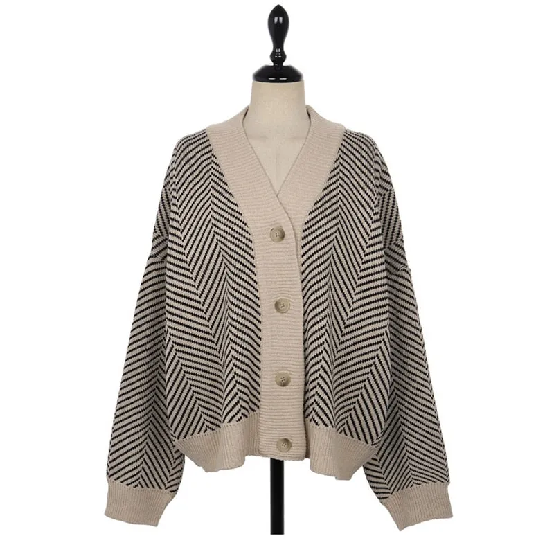 FashionSierra - Casual Knitted Cardigan Oversize Button Front Contrast Stripe Cardigan