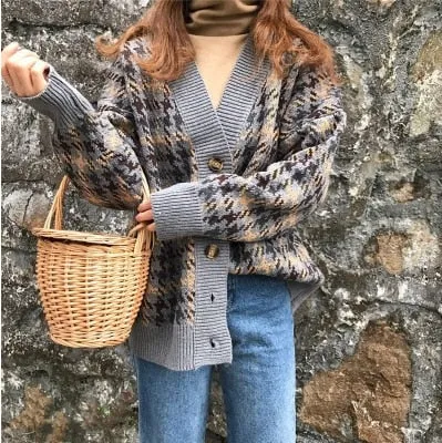 FashionSierra - Casual Knitted Cardigan Oversize Button Front Contrast Stripe Cardigan