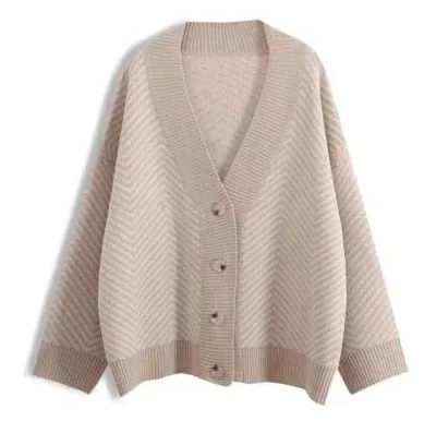 FashionSierra - Casual Knitted Cardigan Oversize Button Front Contrast Stripe Cardigan