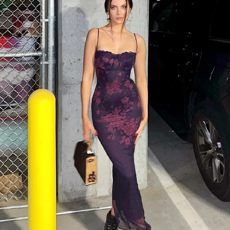 Floral Elegance: Backless Lace-Trimmed Slit Midi Dress for Summer Chic