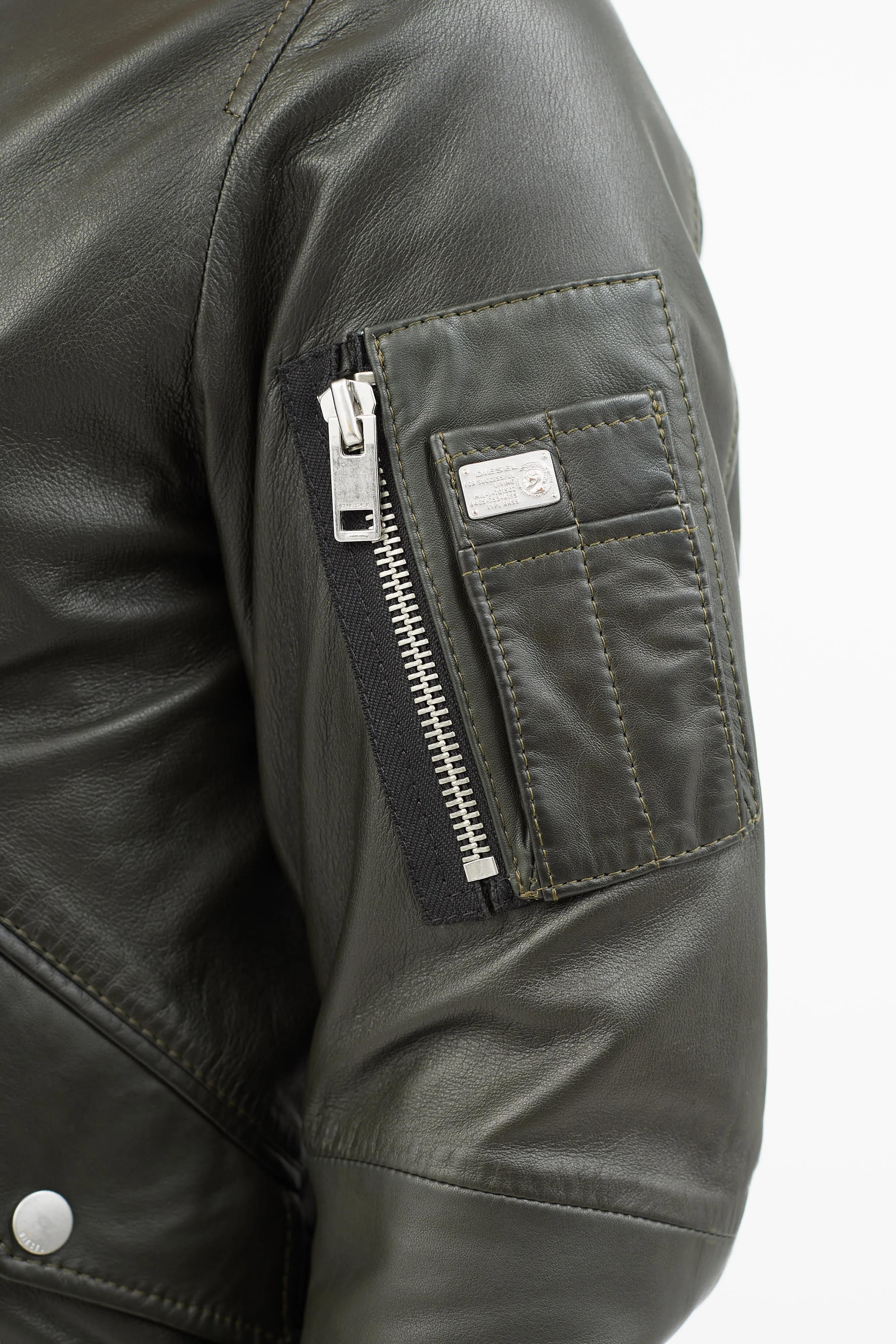 Green Leather Padded Bomber Jacket