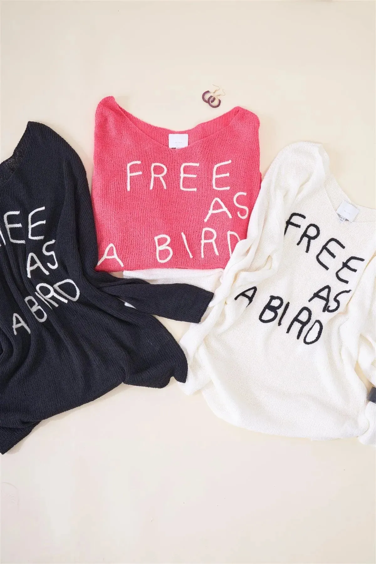 Junior Plus Ivory "Free As A Bird" Logo Knit Sweater