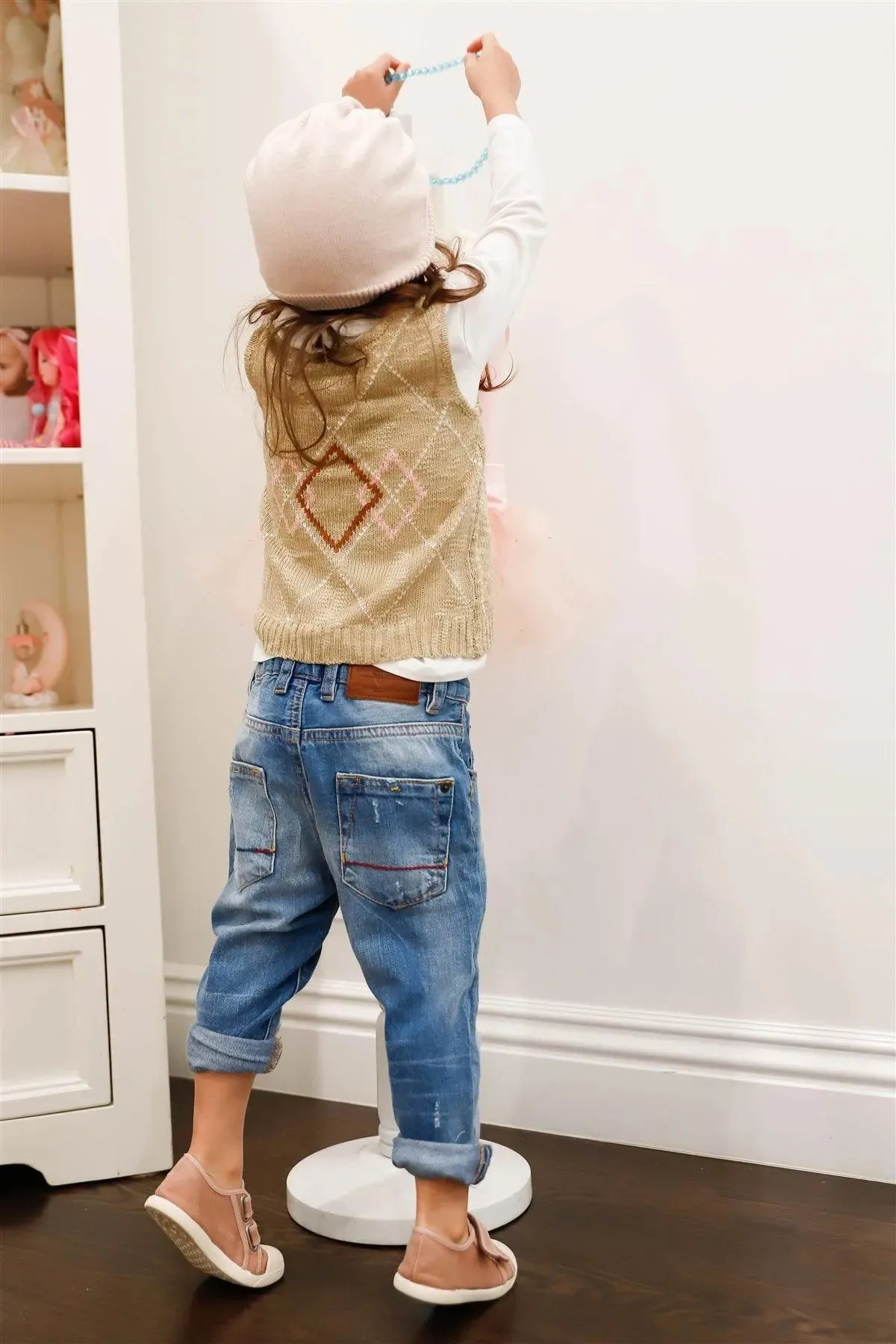 Little Toddler Girls Taupe Contrast Diamond Knit Sleeveless Top Vest
