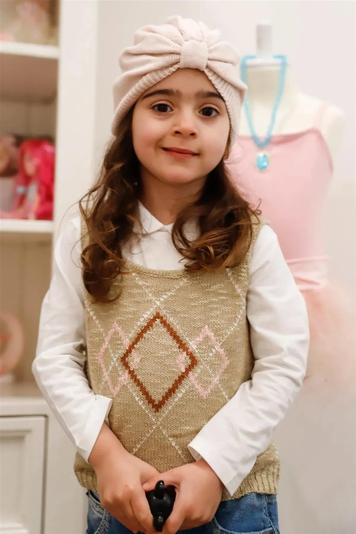 Little Toddler Girls Taupe Contrast Diamond Knit Sleeveless Top Vest