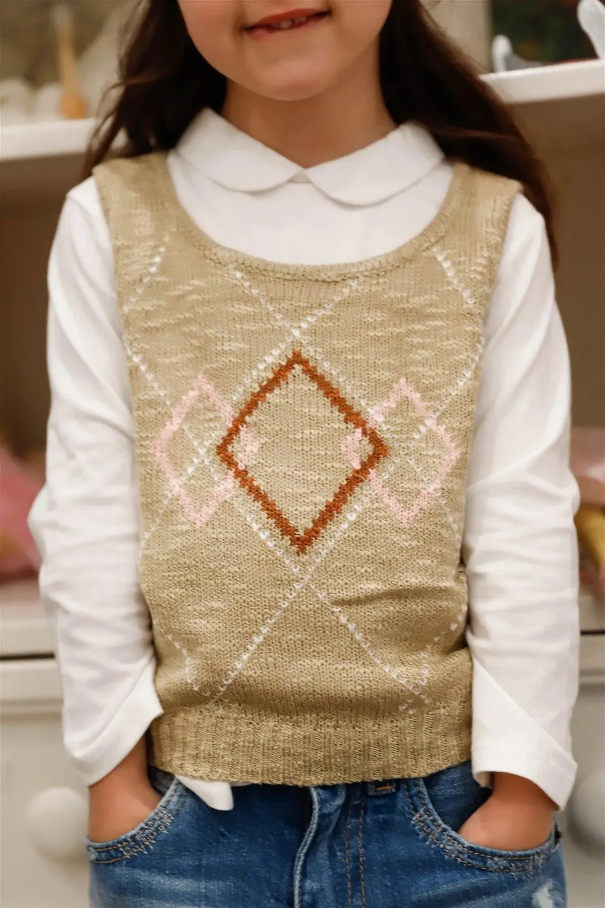 Little Toddler Girls Taupe Contrast Diamond Knit Sleeveless Top Vest
