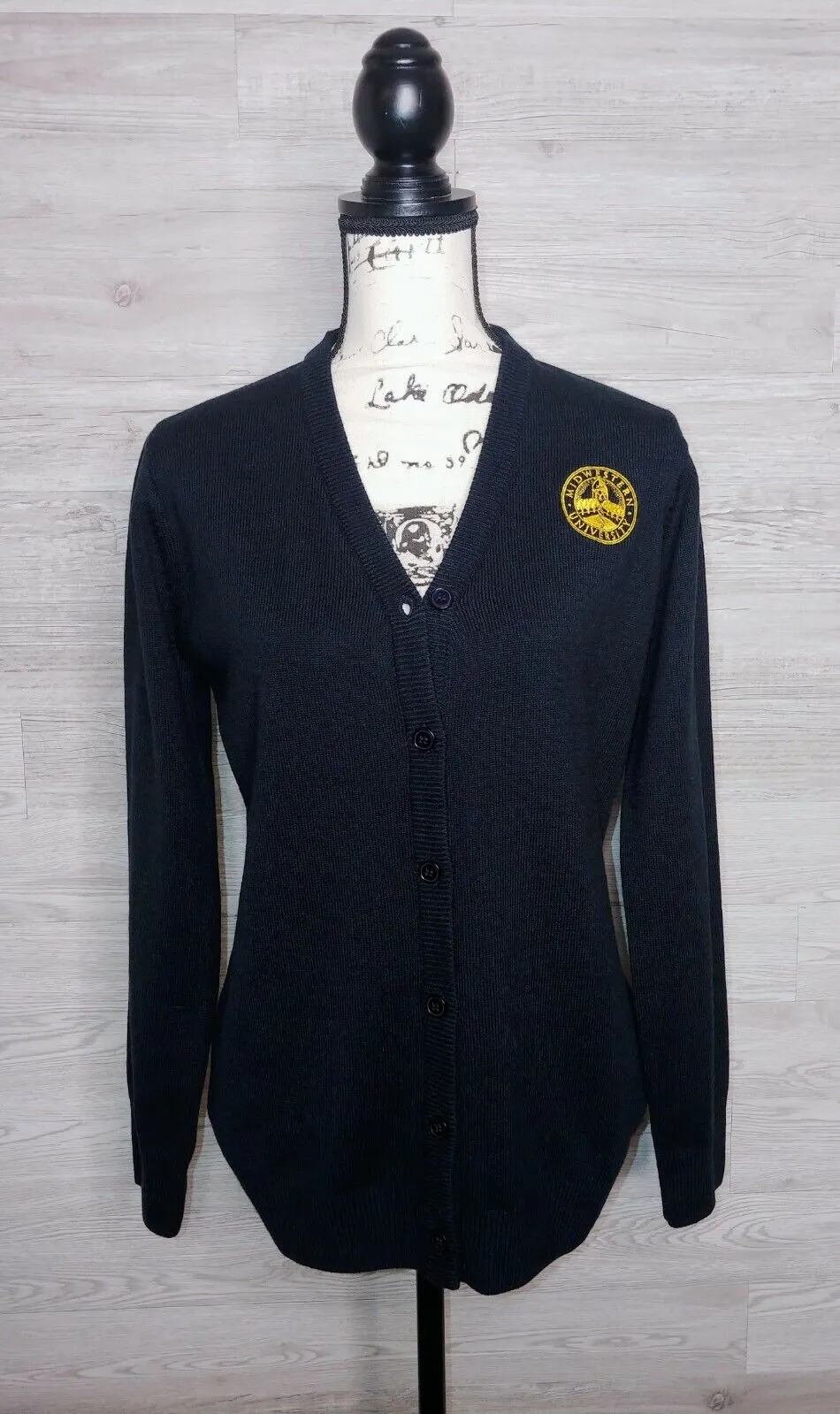 Midwestern University Women's Vintage Logo Sweater Cardigan Navy Blue Size Medium