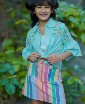 Mint Green Cotton Shirt Rainbow Striped Skirt
