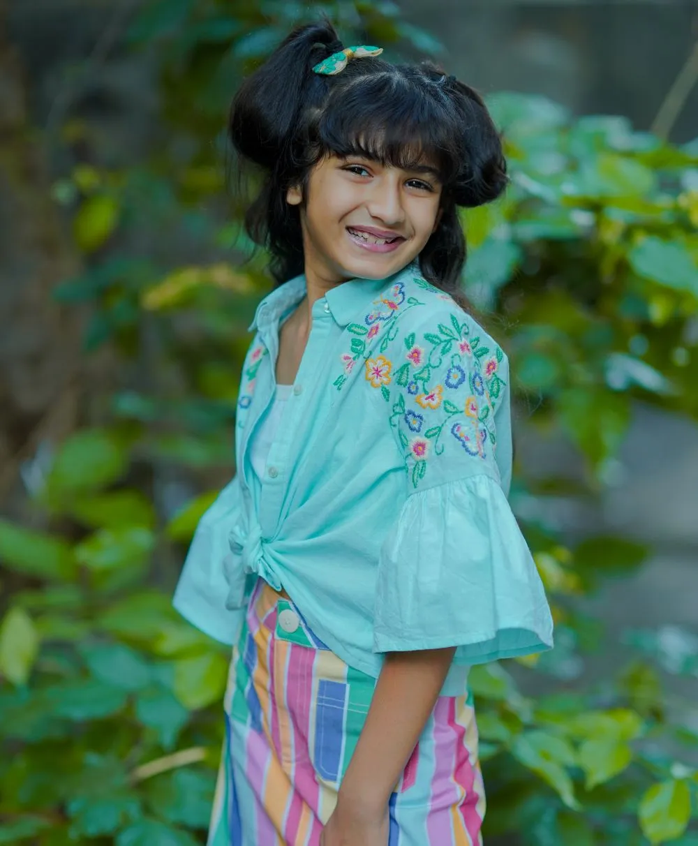 Mint Green Cotton Shirt Rainbow Striped Skirt