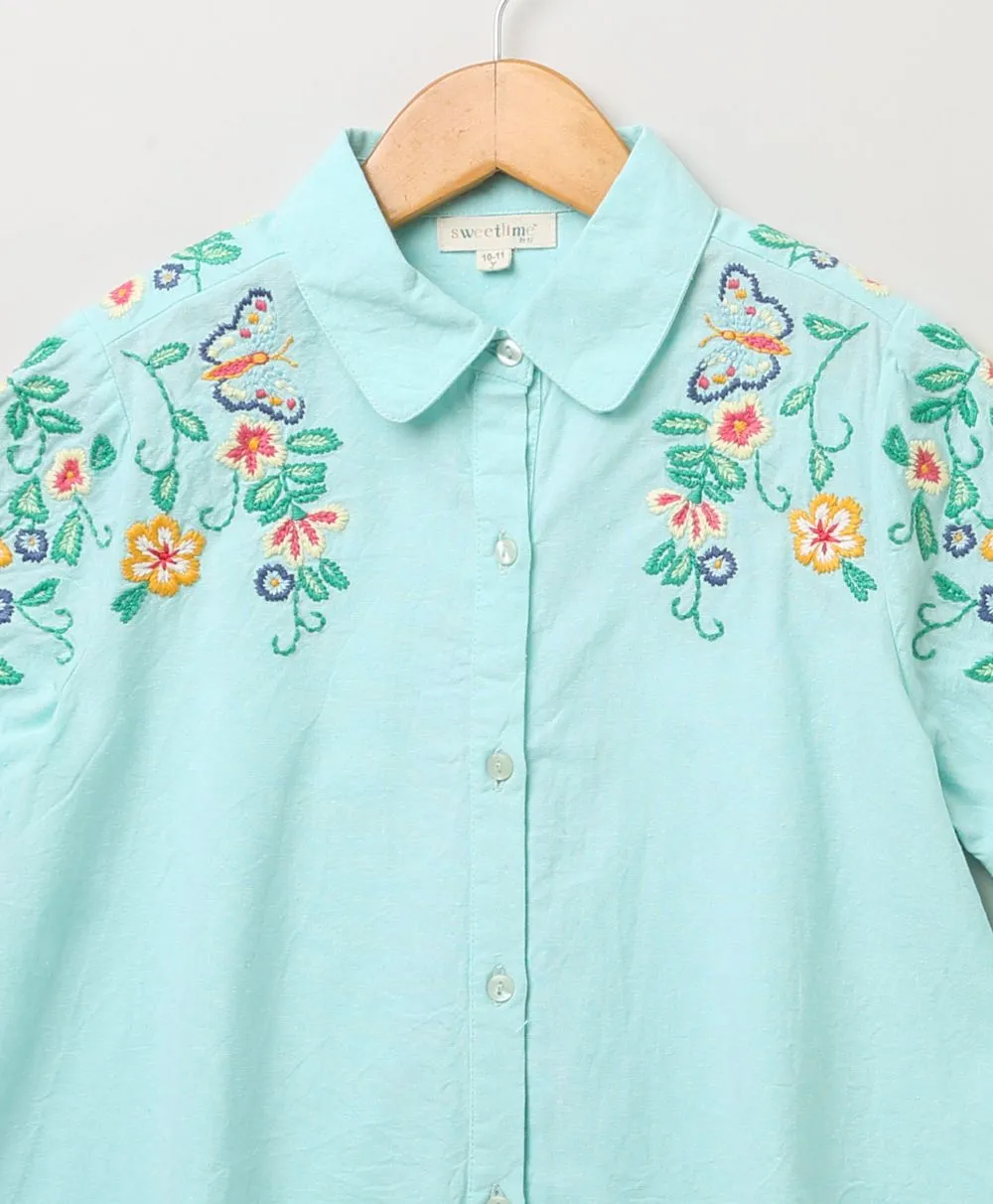 Mint Green Cotton Shirt Rainbow Striped Skirt