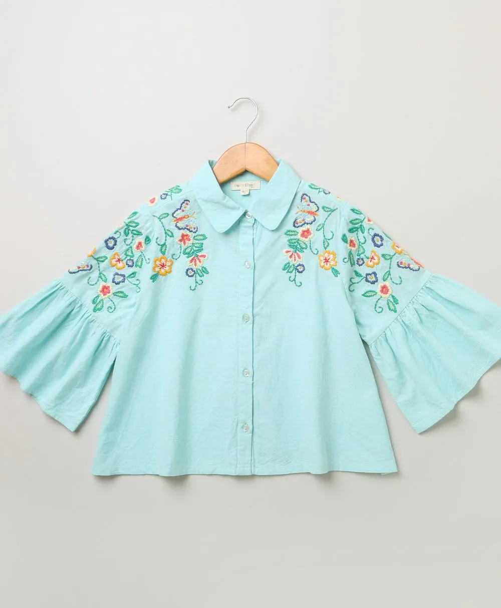 Mint Green Cotton Shirt Rainbow Striped Skirt