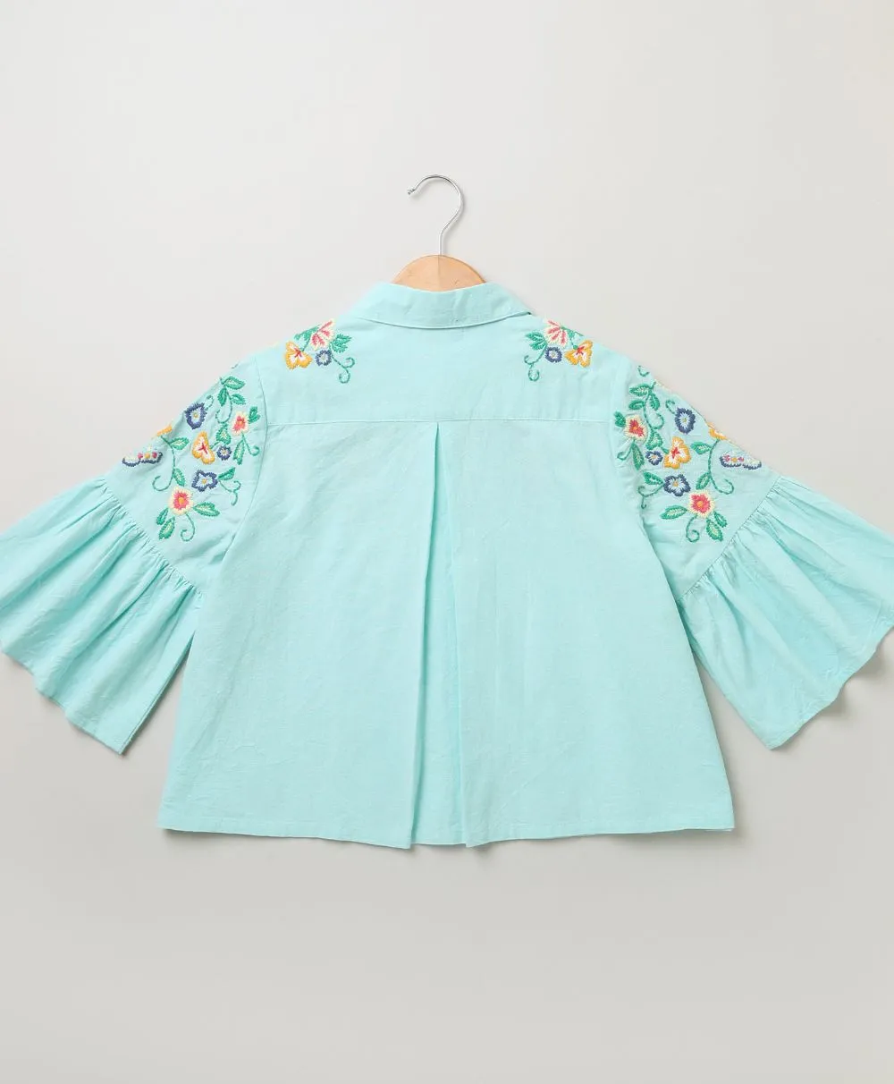 Mint Green Cotton Shirt Rainbow Striped Skirt