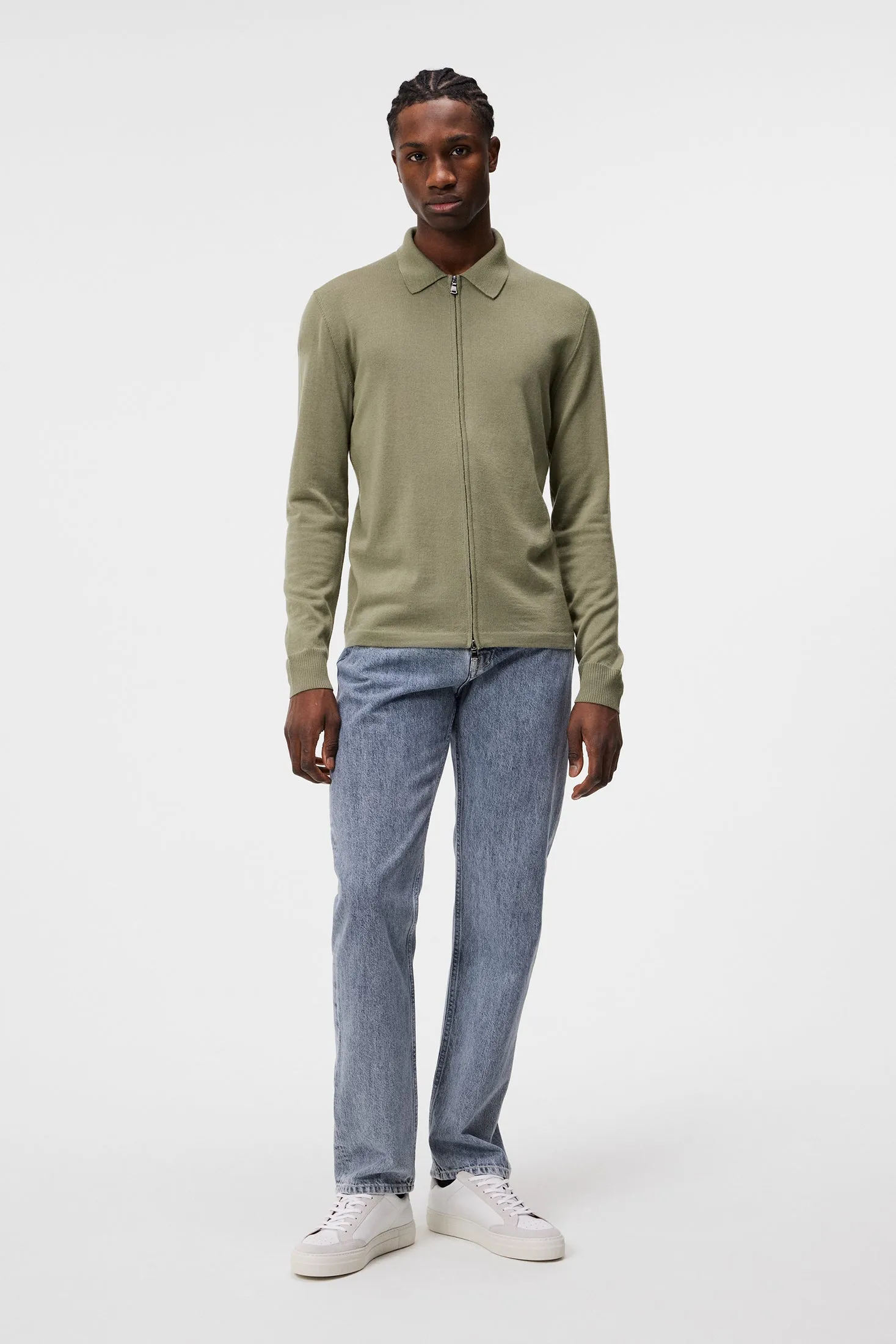 Nyle Light Merino Zip Cardigan / Oil Green