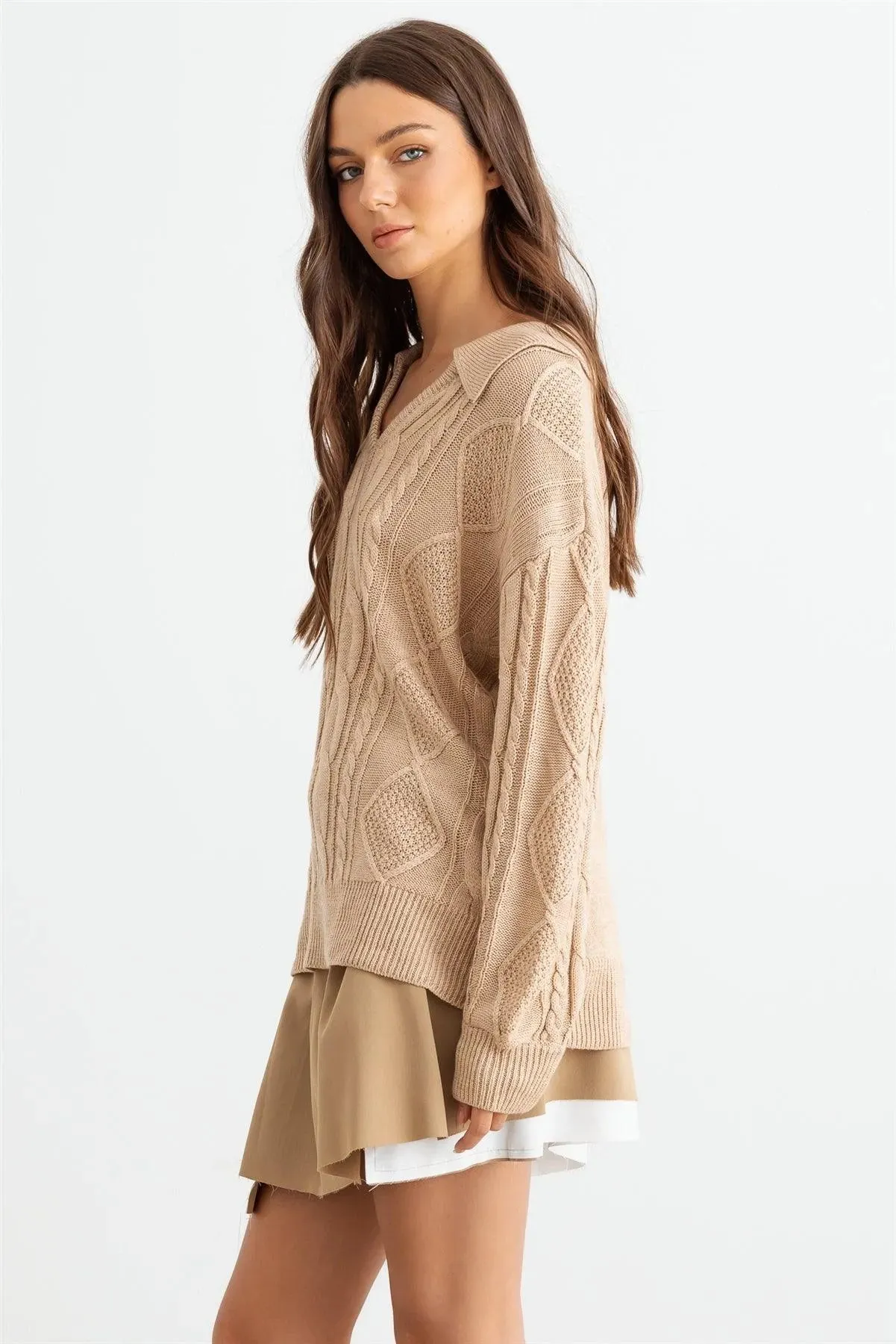 Oatmeal Cable Knit Collared Neck Long Sleeve Sweater /2-2-2