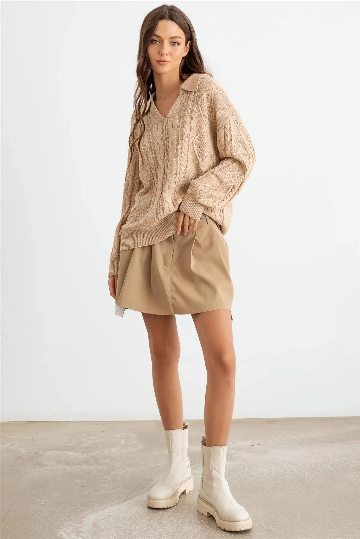 Oatmeal Cable Knit Collared Neck Long Sleeve Sweater /2-2-2