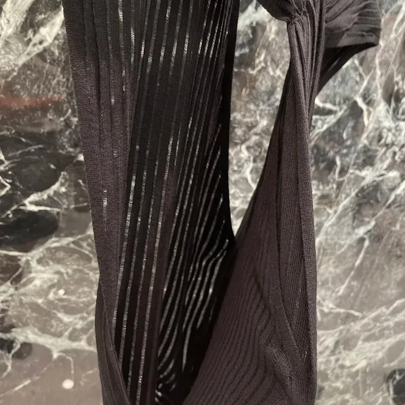Pleated ribbed knit sleeveless V-neck cotton shawl top