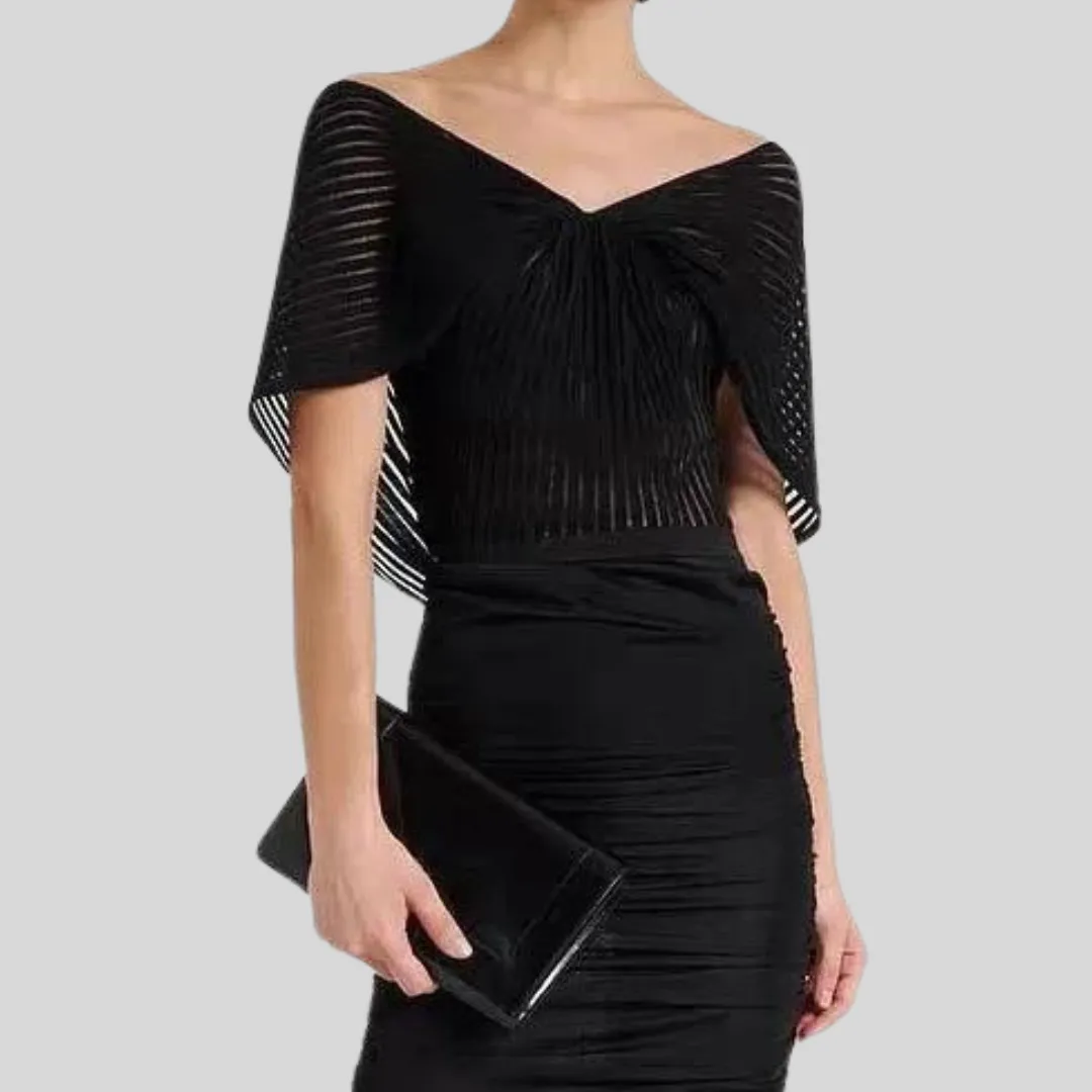 Pleated ribbed knit sleeveless V-neck cotton shawl top