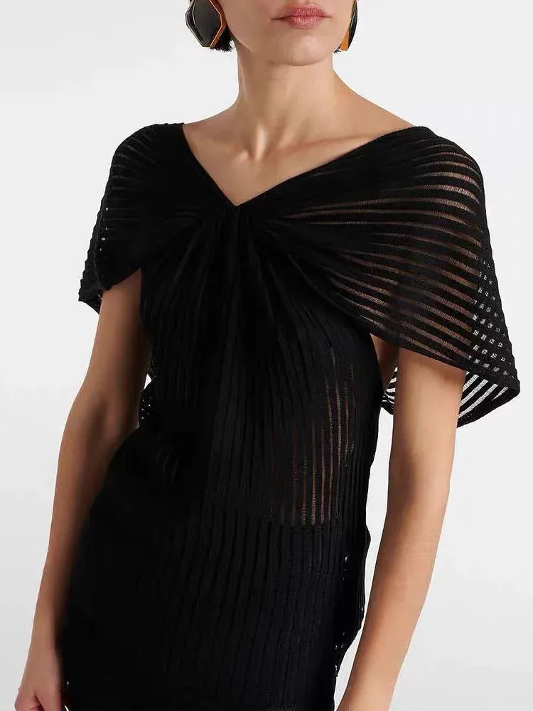 Pleated ribbed knit sleeveless V-neck cotton shawl top