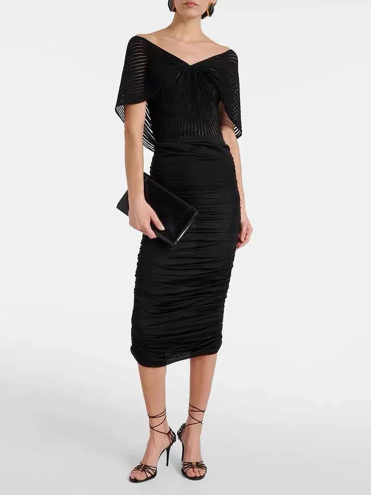 Pleated ribbed knit sleeveless V-neck cotton shawl top