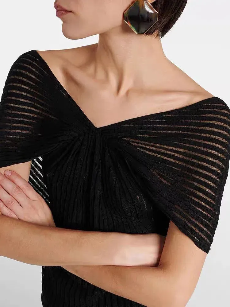 Pleated ribbed knit sleeveless V-neck cotton shawl top