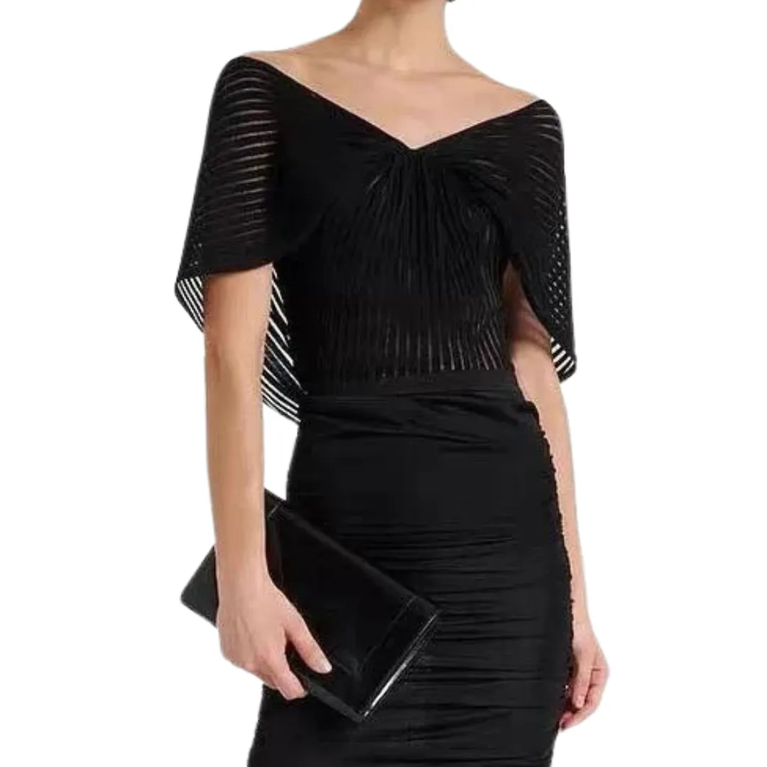 Pleated ribbed knit sleeveless V-neck cotton shawl top