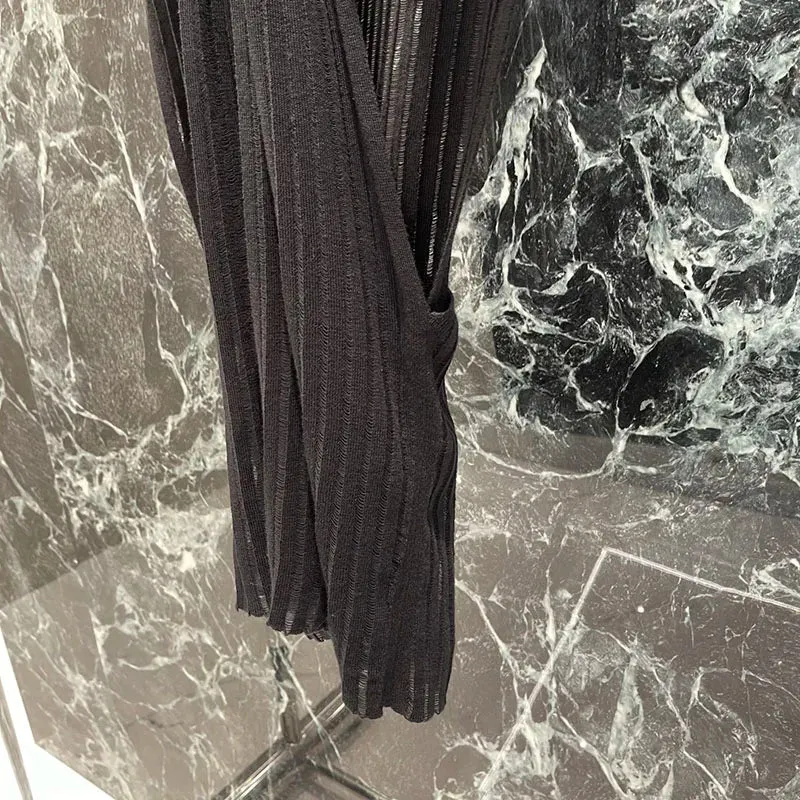 Pleated ribbed knit sleeveless V-neck cotton shawl top