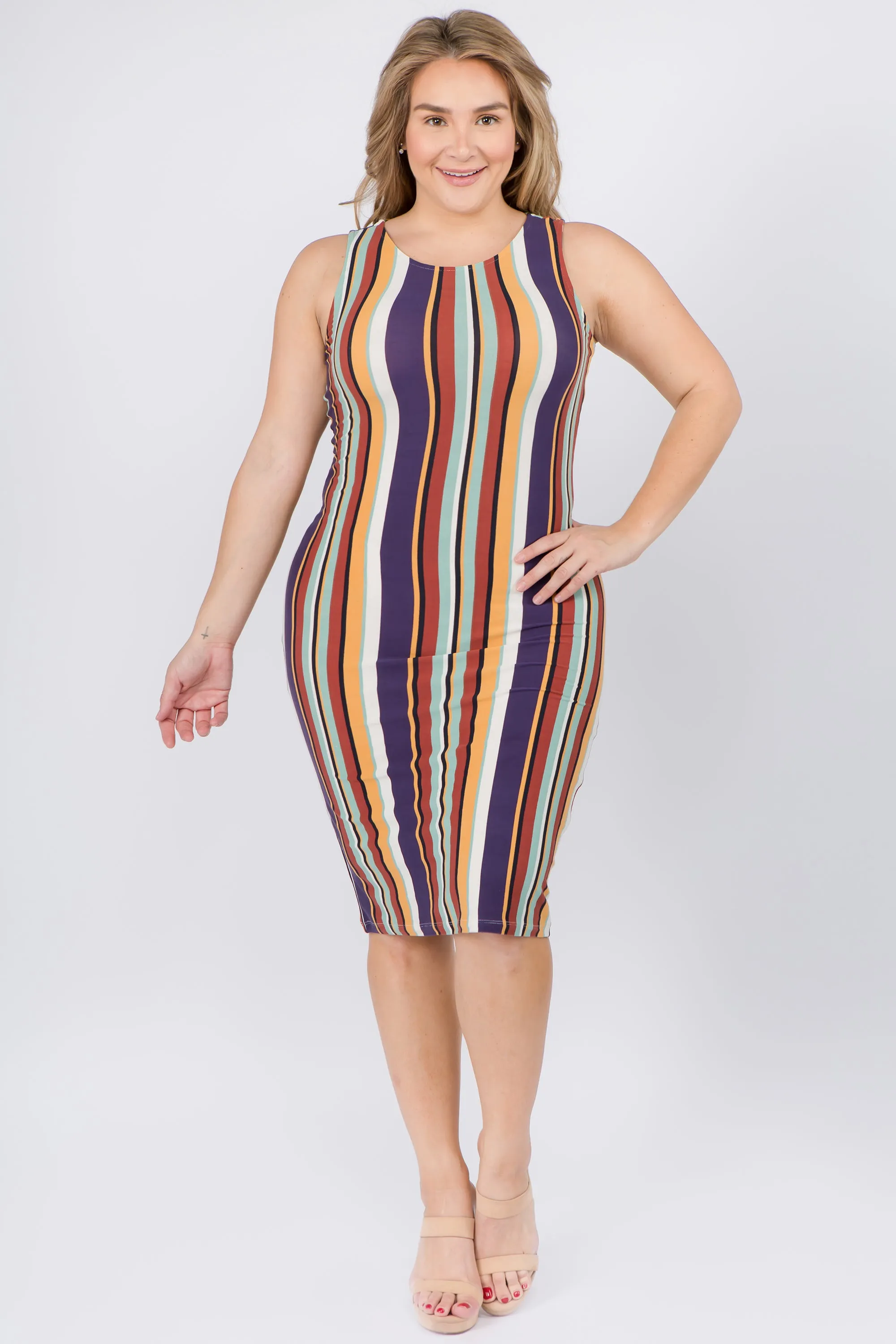 Plus Size Barcelona Multicolored Striped Bodycon Dress