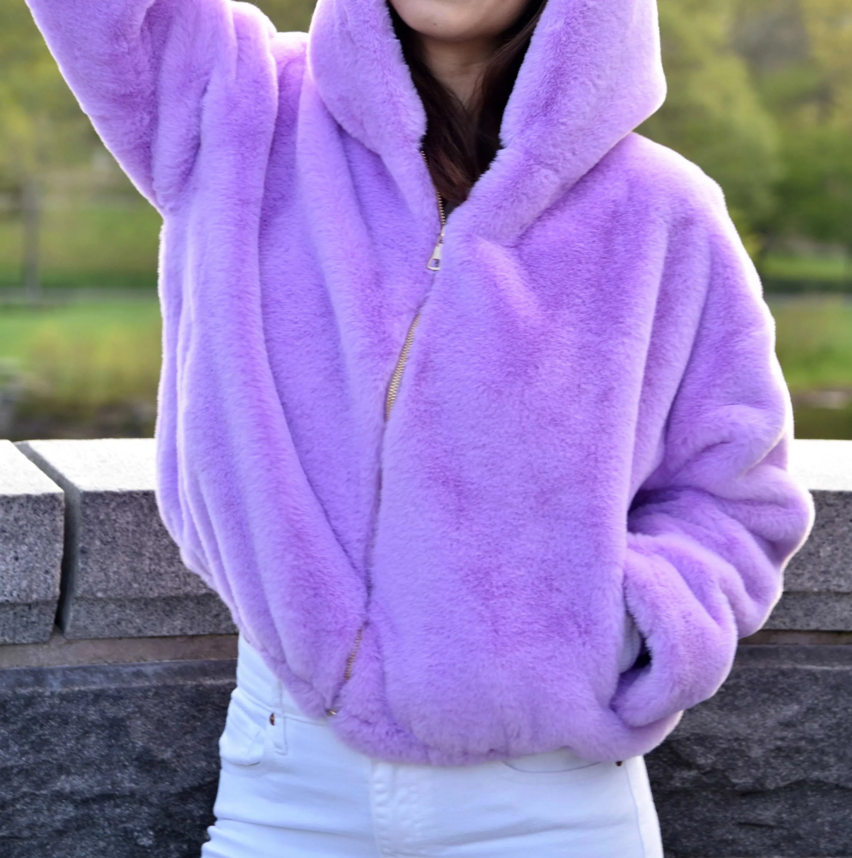 Plush Faux Fur Bomber Jacket - Purple