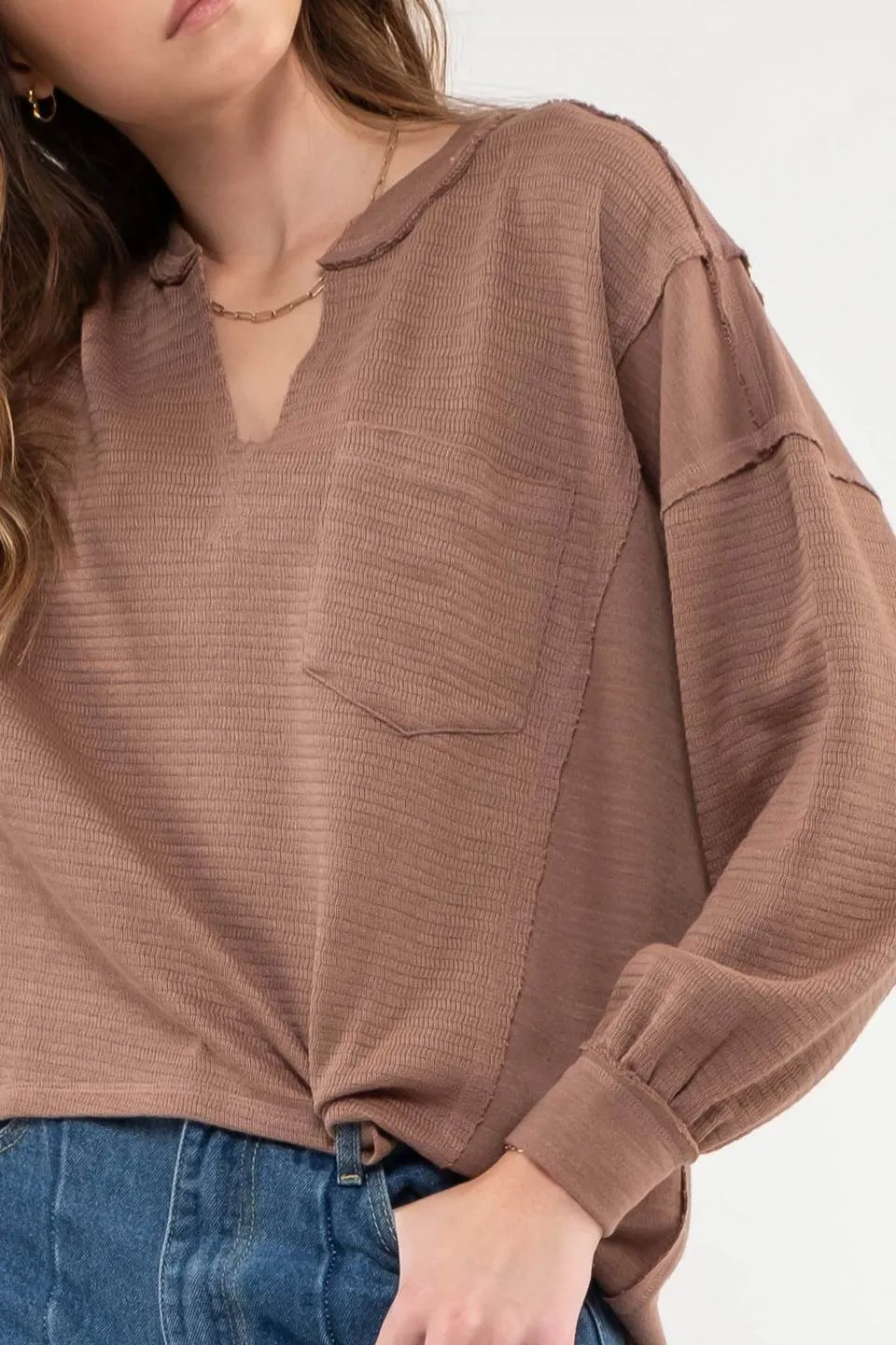SOLID PATCHWORK SPLIT NECK KNIT TOP