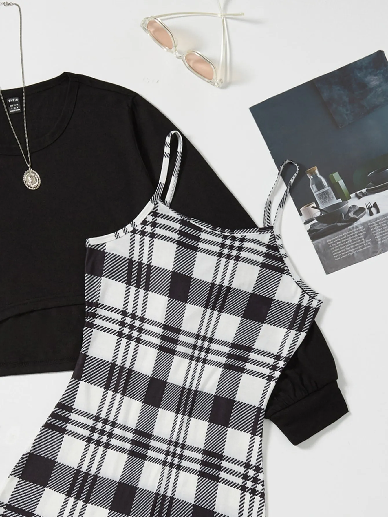 Solid Tee & Plaid Print Cami Dress