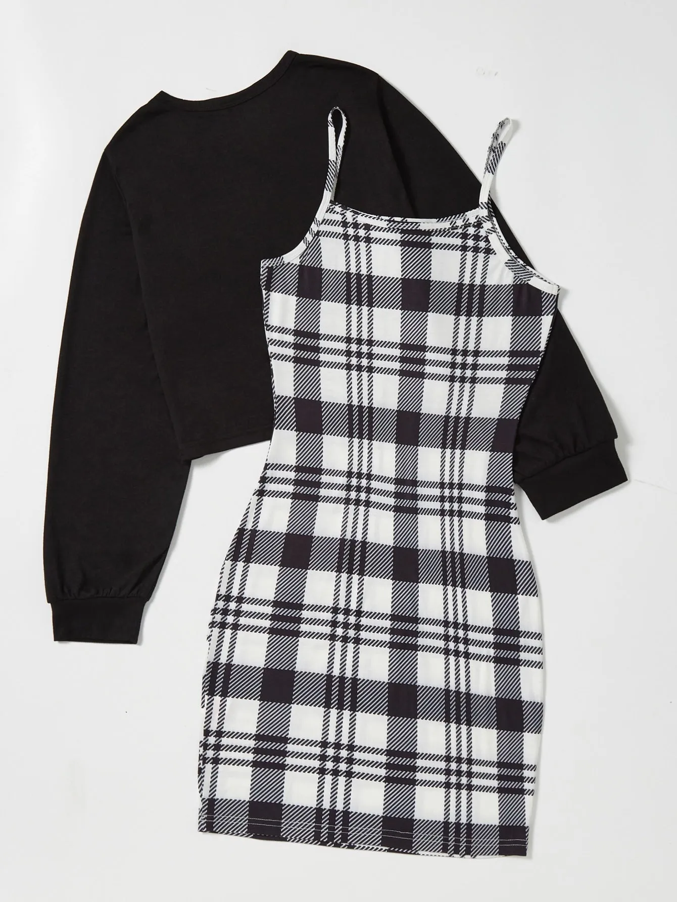 Solid Tee & Plaid Print Cami Dress
