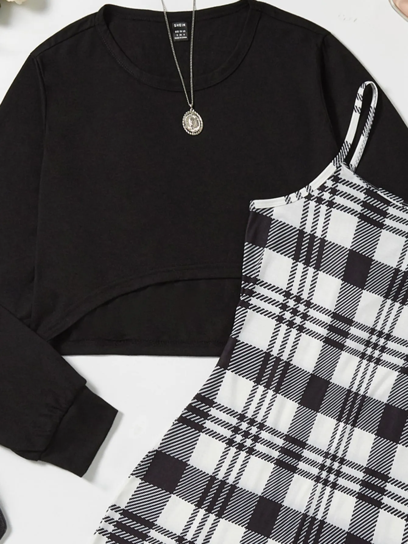 Solid Tee & Plaid Print Cami Dress