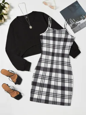 Solid Tee & Plaid Print Cami Dress