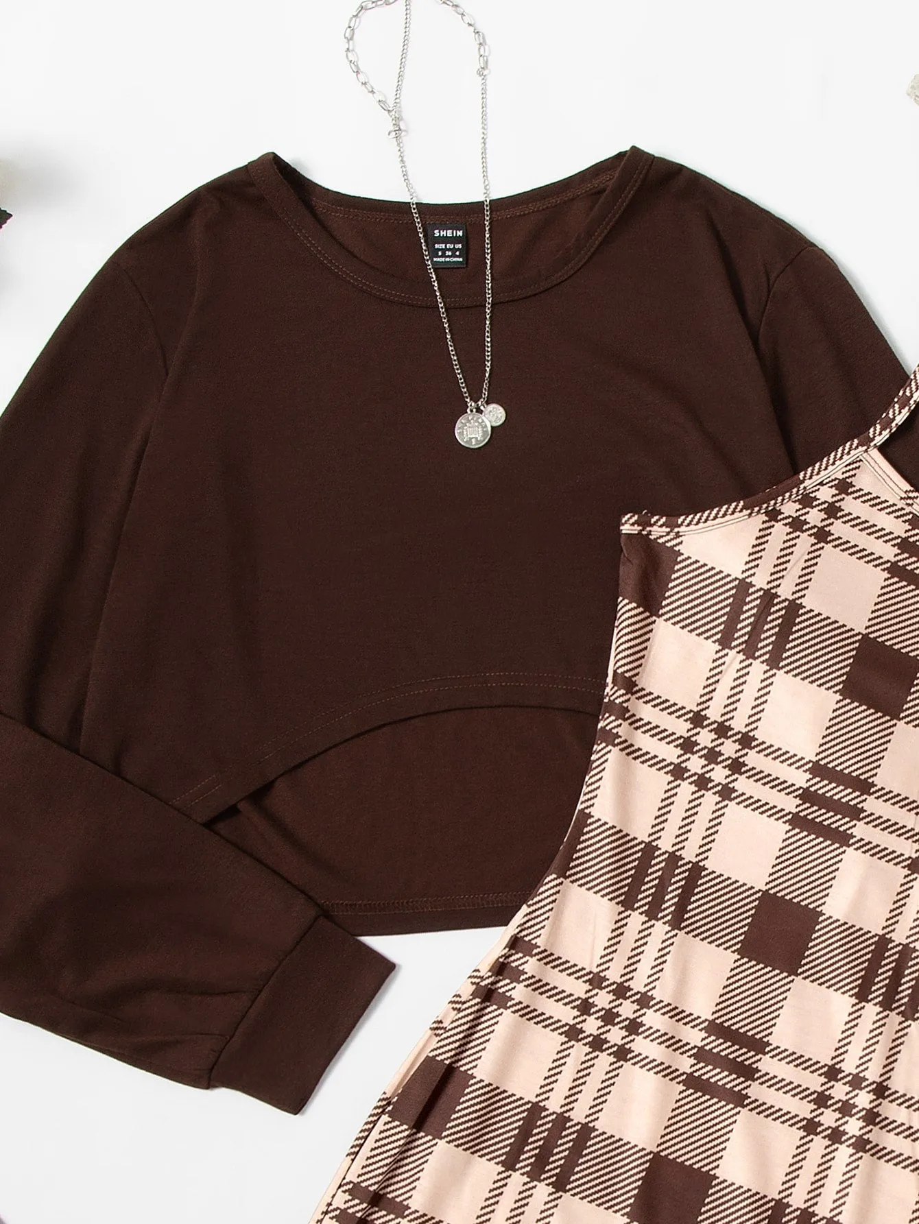Solid Tee & Plaid Print Cami Dress