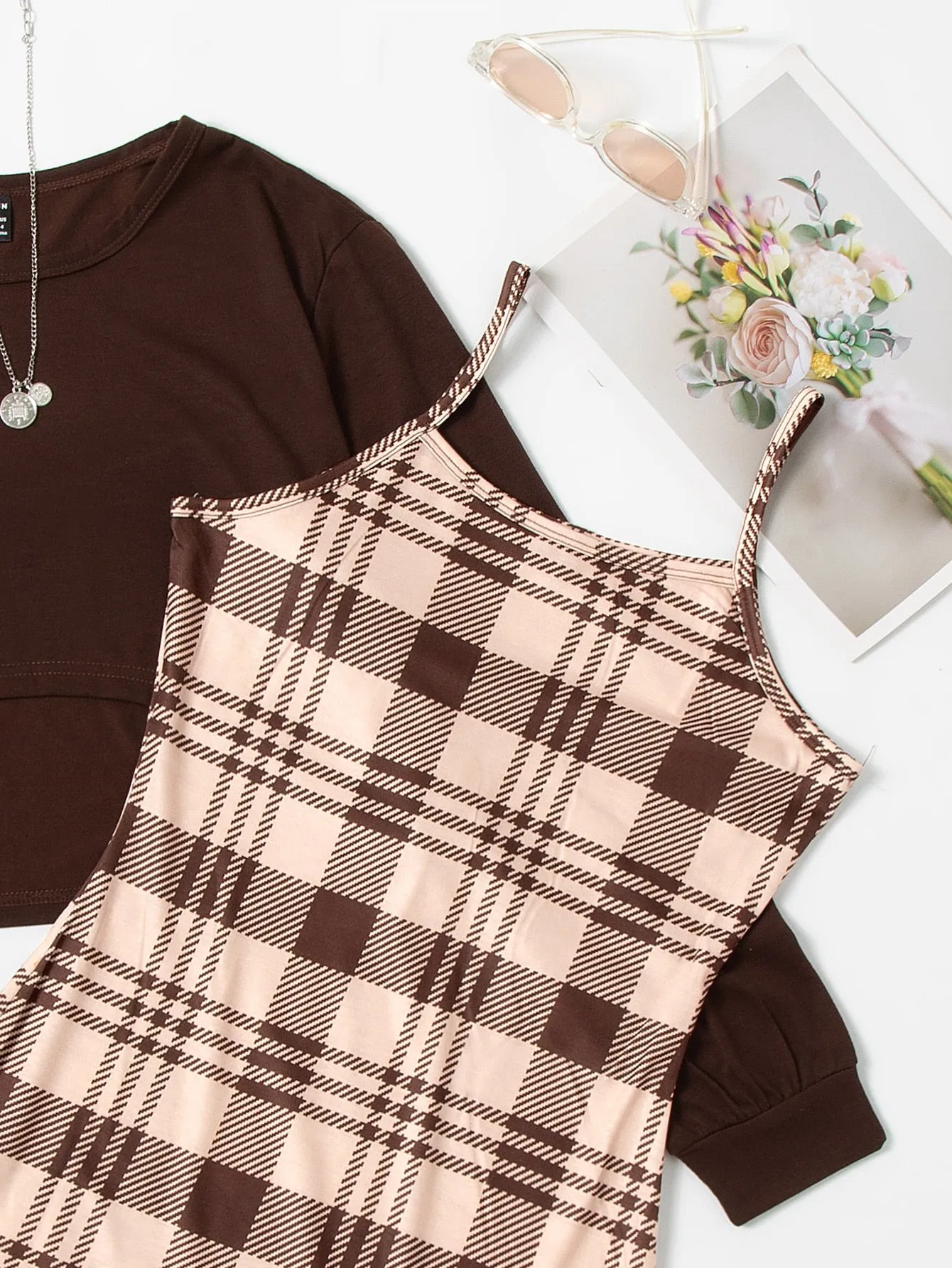 Solid Tee & Plaid Print Cami Dress