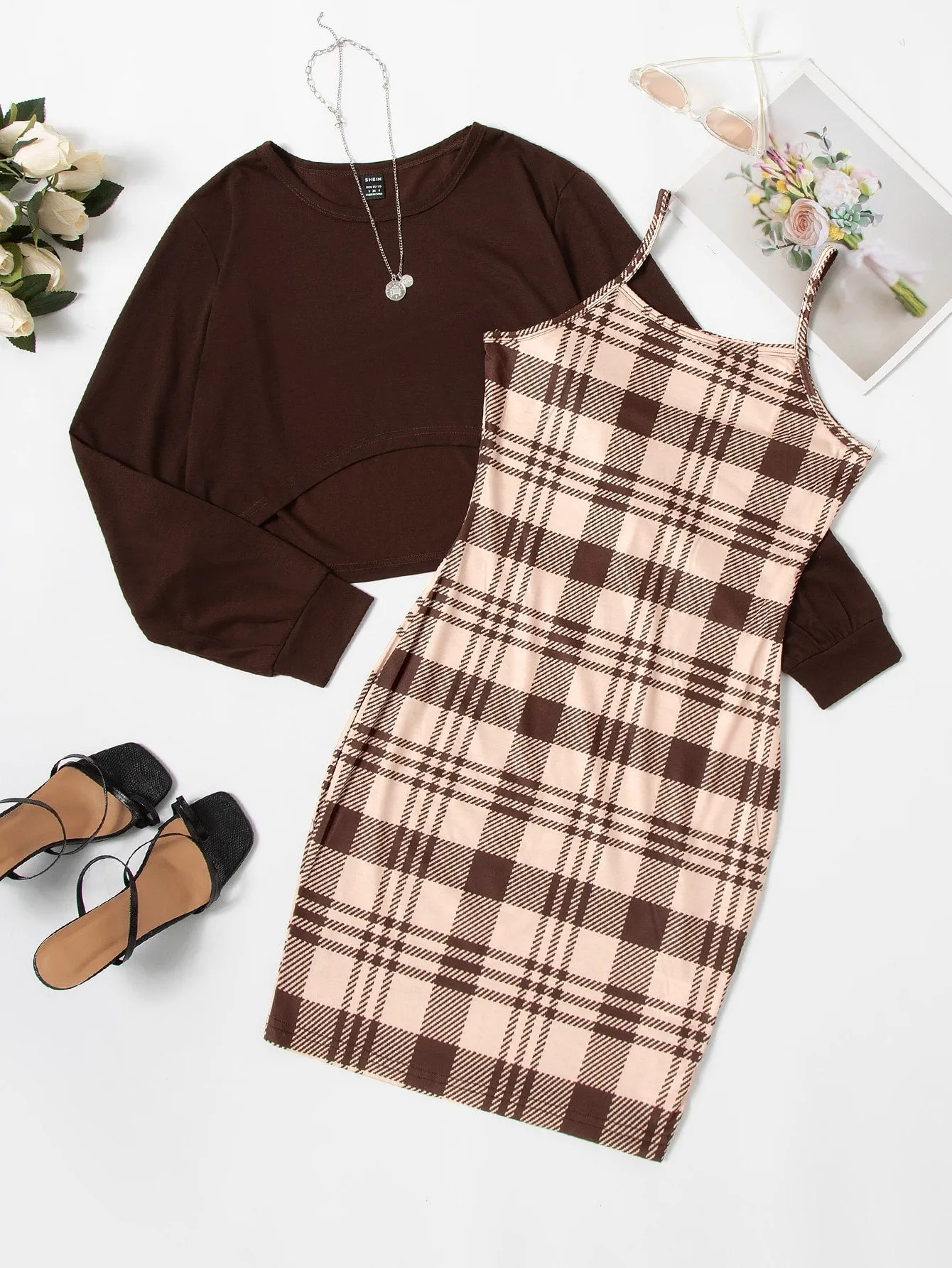 Solid Tee & Plaid Print Cami Dress