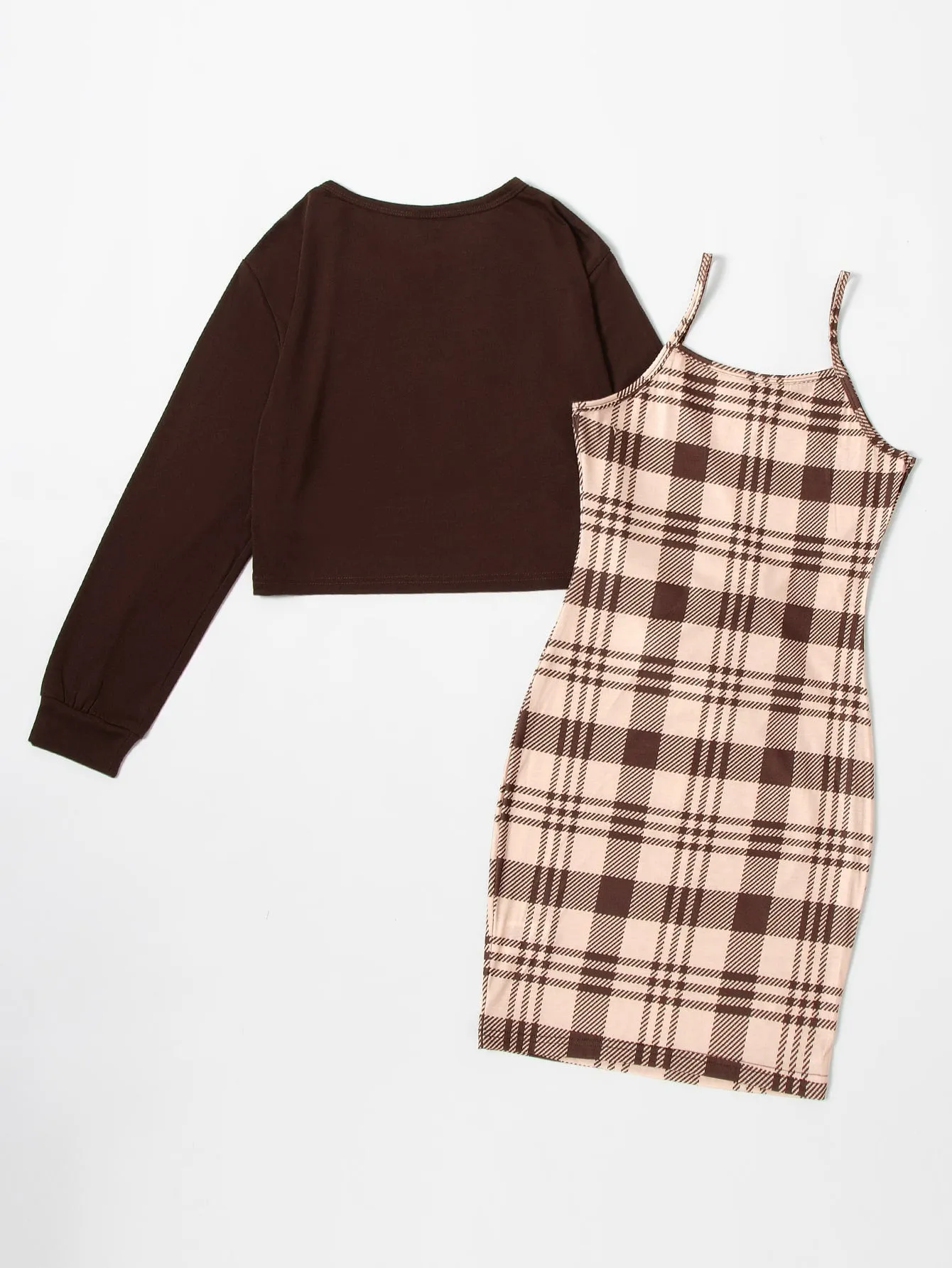 Solid Tee & Plaid Print Cami Dress