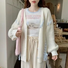 Sweet Baby Kitten Cat Print White Blue Long Sleeve T-shirt Knit Cardigan Two Piece Set